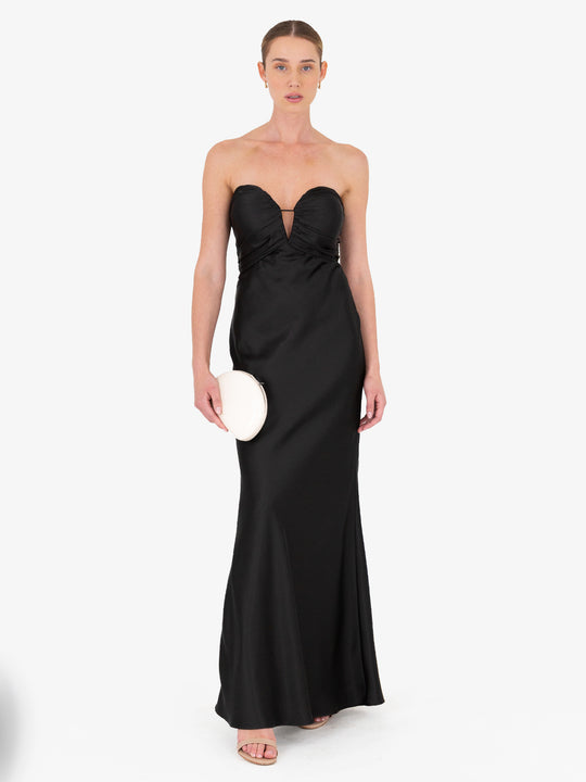 Anna Satin Strapless Black Maxi Dress