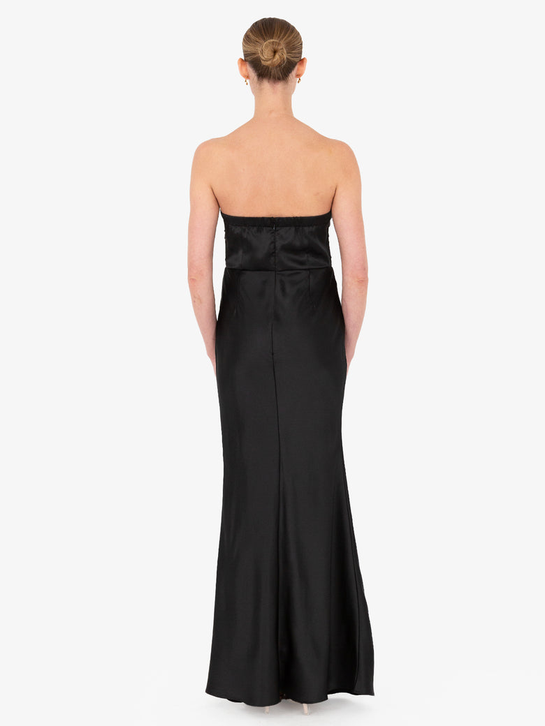 Anna Satin Strapless Black Maxi Dress