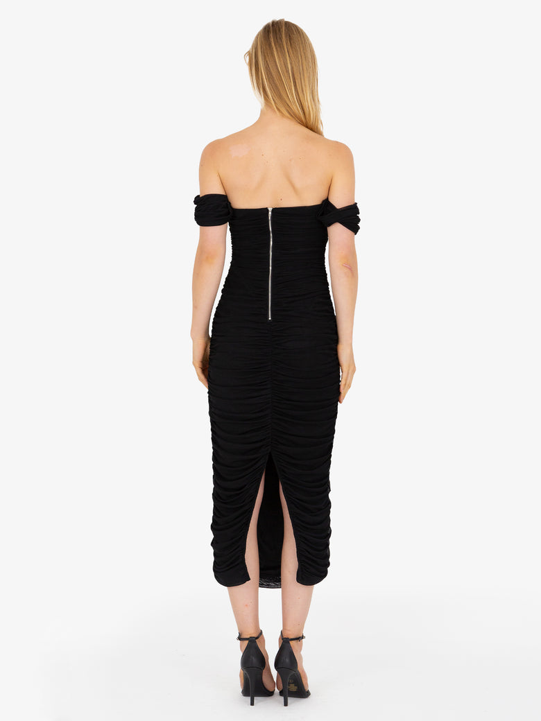 Helena Ruched Black Midi Dress