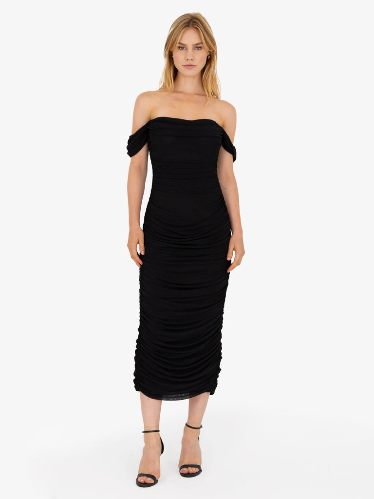 Helena Ruched Black Midi Dress