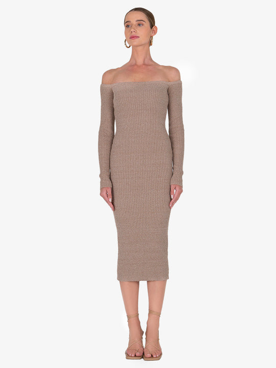 Cara Taupe Off Shoulder Midi Dress