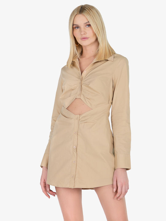 Loisa Cut Out Taupe Shirt Dress
